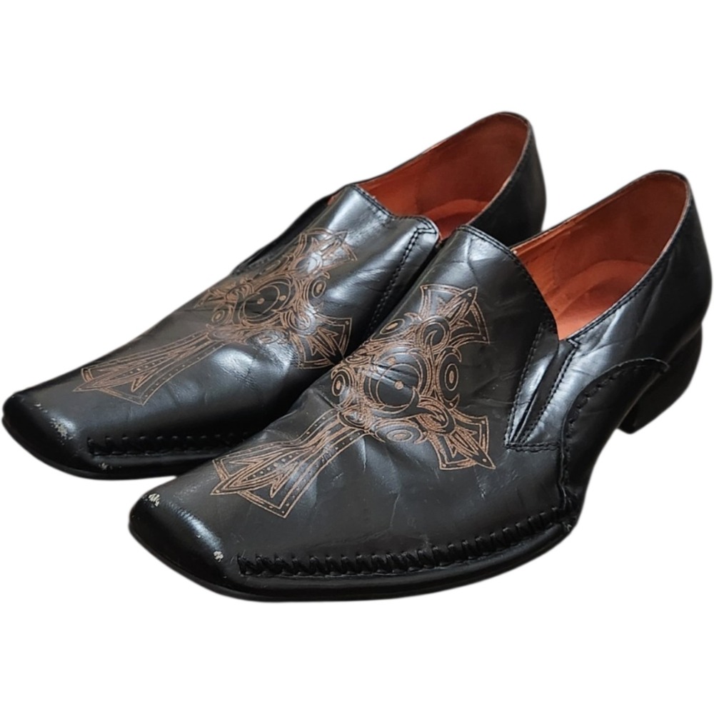 Robert Wayne Mens Black Leather Celtic Cross Etched Square Toe Loafers Size 8